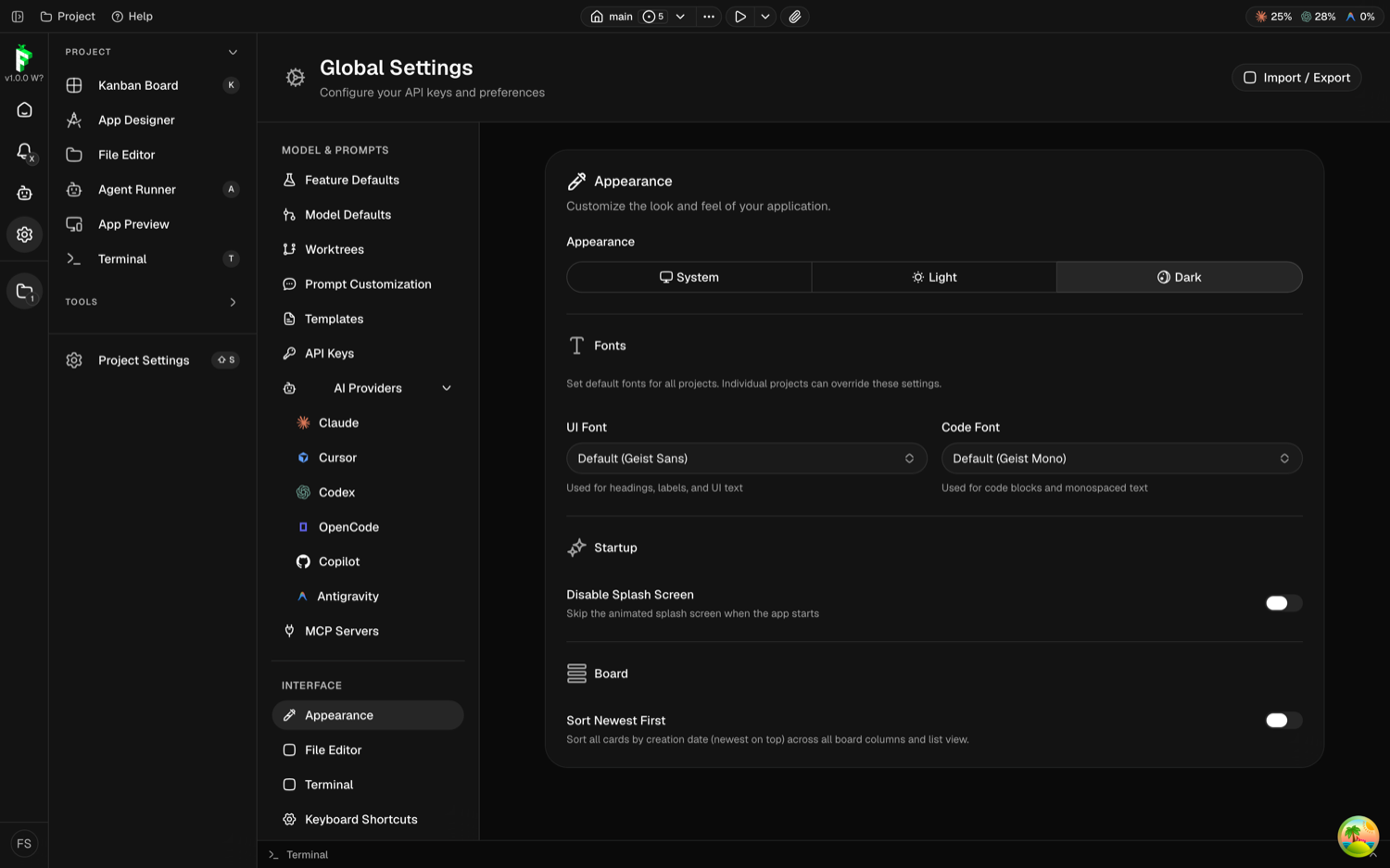 Findie's global settings screen: API keys, providers and preferences, all stored locally